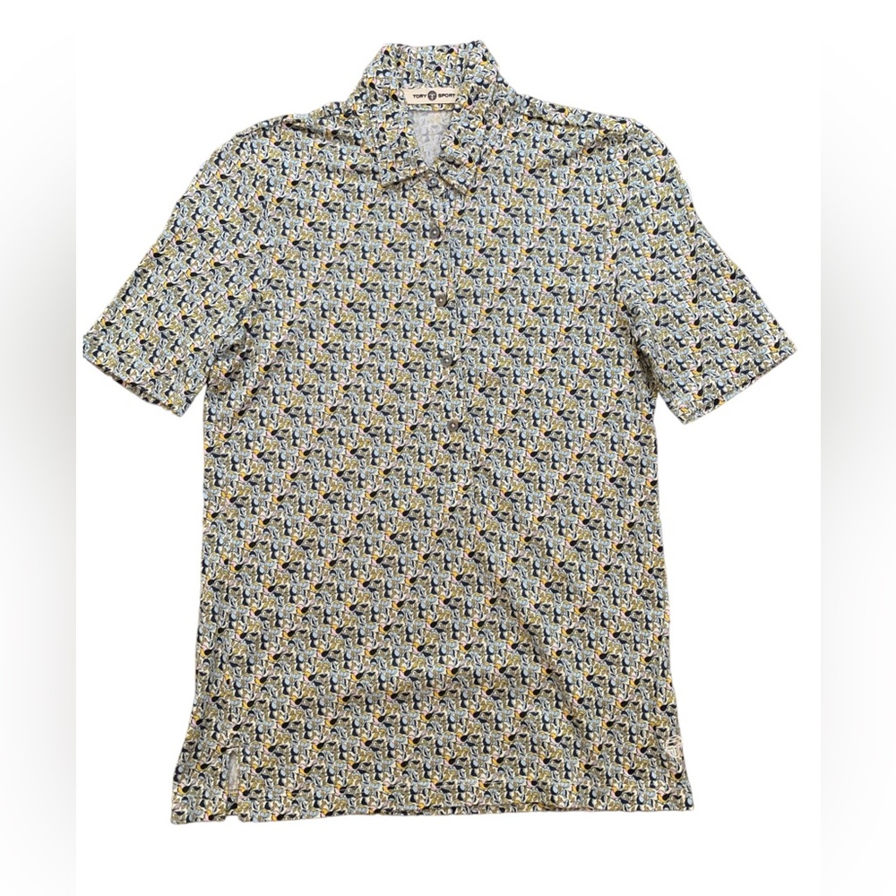 Tory Sport printed short sleeve performance polo, birds and flowers, cotton, XS